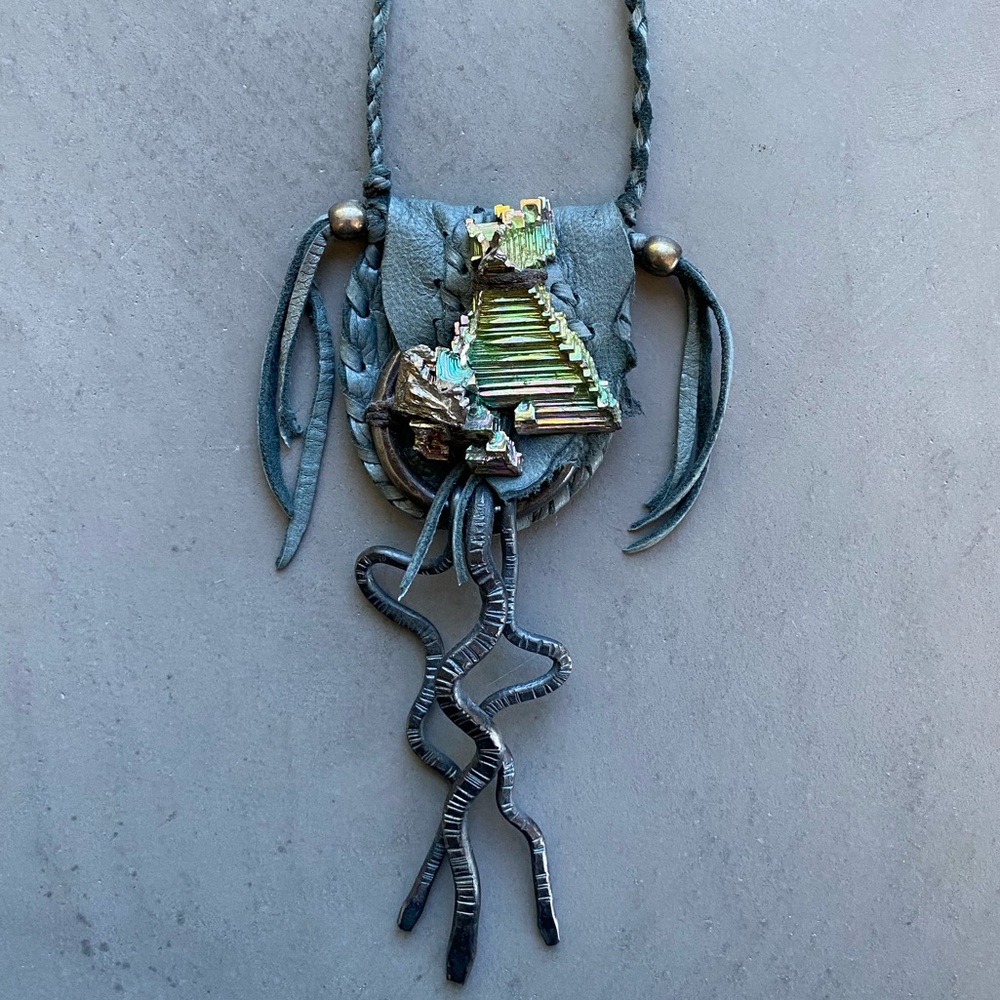 Custom Snake Bismuth Quartz Leather Medicine Bag Necklace festival tribal goth